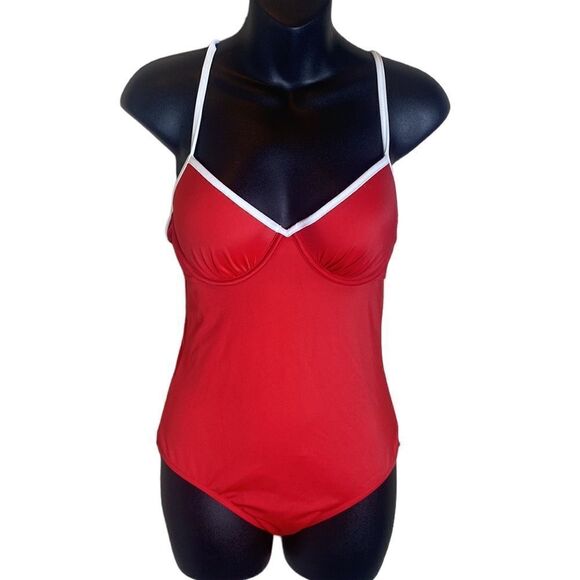 Shade & shore cabana one piece bathing suit red/white swimsuit 34C nwt baywatch - Picture 3 of 8